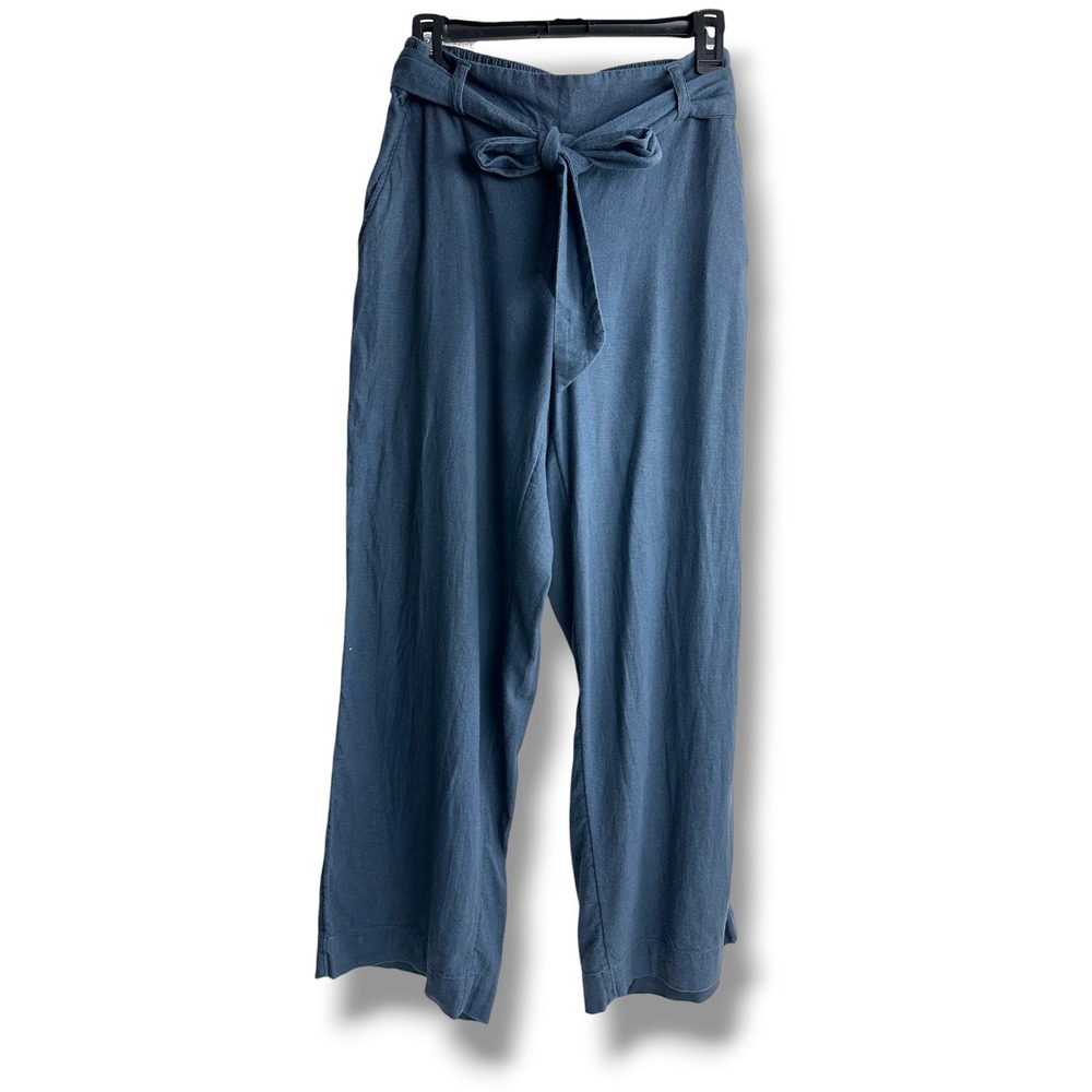 Loft Outlet Wide Leg Pants Women Size M Blue Linen Blend Tie Waist High Rise